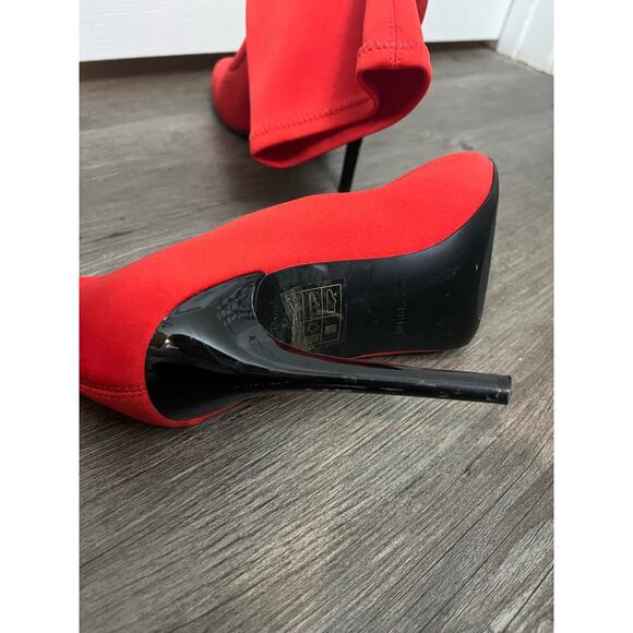 Woman's Bright red, pointed toe, sock boot, black heel. ￼ - Picture 4 of 4